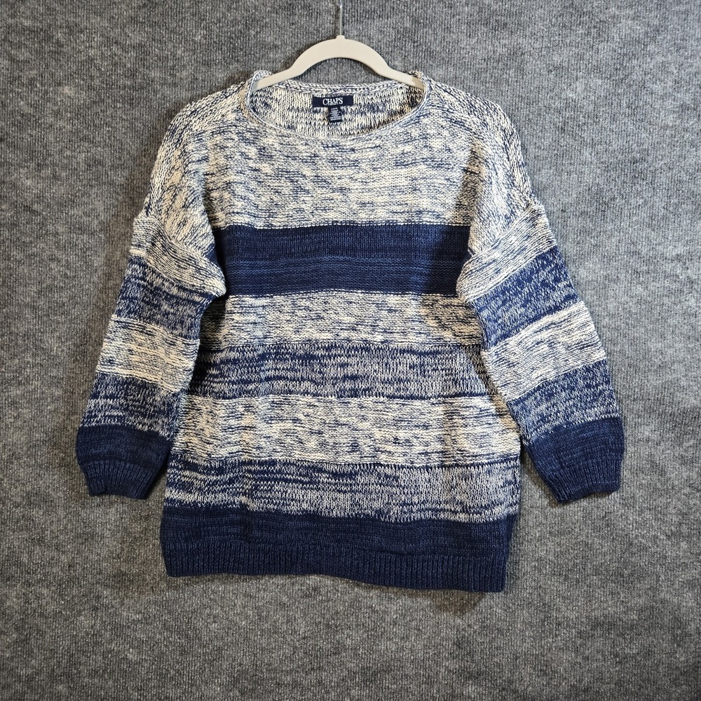 Chaps Sweater Womens L Blue Heather Stripe Chunky Knit Roll Neck Cozy